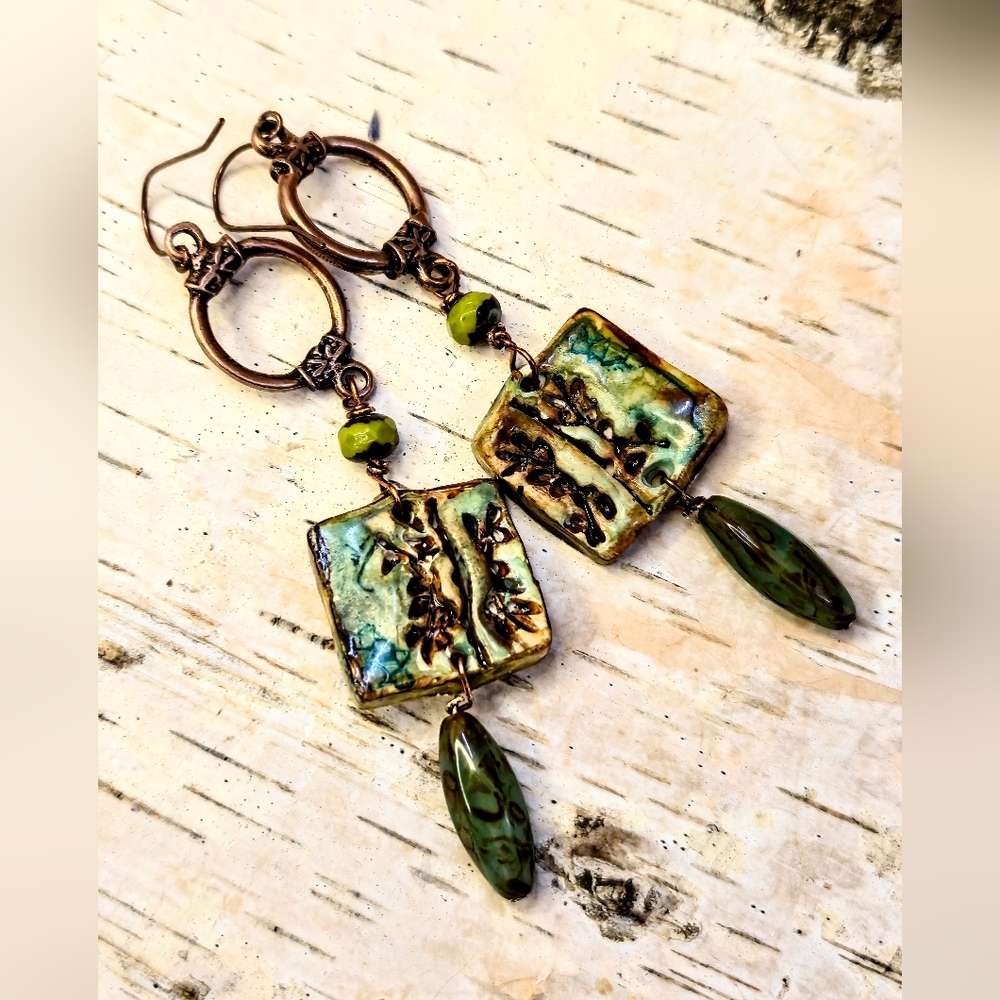 Handcrafted Earthy Rustic Green Leaves Clay & Glass In Artisan Copper Earrings​